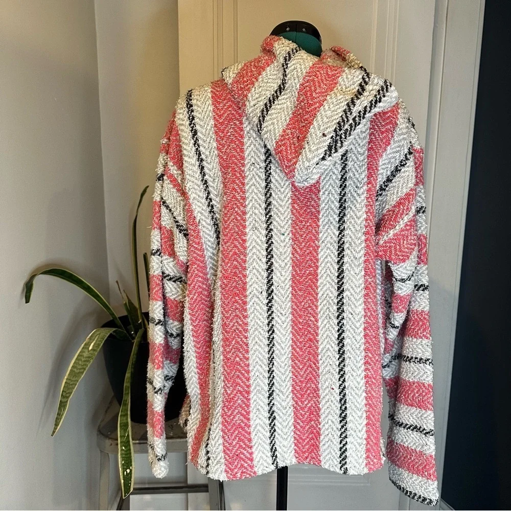 Baja Joe unisex Striped pink, white and gray Mexican blanket Sweater hoodie larg